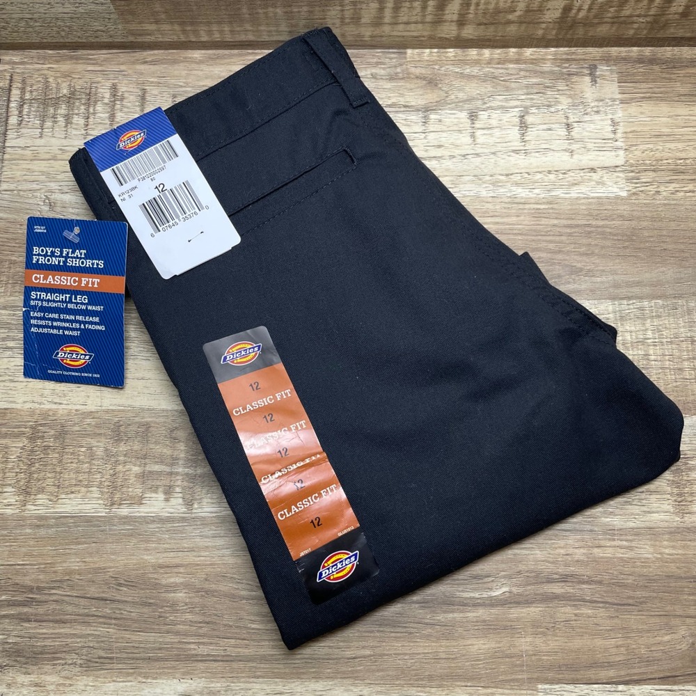 Dickies Boys Black Flat Front Shorts Classic Fit Straight Leg 12 New With Tags